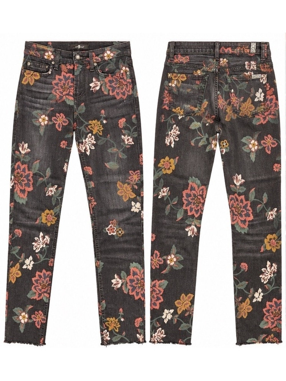 7 For All Mankind Floral Skinny Jeans 25 Black Raw Hem Boho - Picture 2 of 6